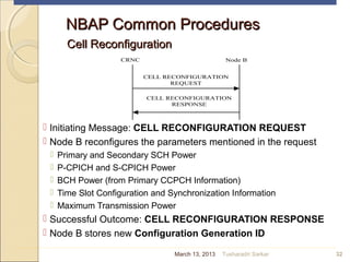 CRNC Node B
CELL RECONFIGURATION
REQUEST
CELL RECONFIGURATION
RESPONSE
NBAP Common ProceduresNBAP Common Procedures
Cell ReconfigurationCell Reconfiguration
 Initiating Message: CELL RECONFIGURATION REQUEST
 Node B reconfigures the parameters mentioned in the request
 Primary and Secondary SCH Power
 P-CPICH and S-CPICH Power
 BCH Power (from Primary CCPCH Information)
 Time Slot Configuration and Synchronization Information
 Maximum Transmission Power
 Successful Outcome: CELL RECONFIGURATION RESPONSE
 Node B stores new Configuration Generation ID
32March 13, 2013 Tusharadri Sarkar
 