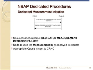 NBAP Dedicated ProceduresNBAP Dedicated Procedures
Dedicated Measurement InitiationDedicated Measurement Initiation
 Unsuccessful Outcome: DEDICATED MEASUREMENT
INITIATION FAILURE
 Node B uses the Measurement ID as received in request
 Appropriate Cause is sent to CRNC
89
CRNC Node B
DEDICATED MEASUREMENT INITIATION
REQUEST
DEDICATED MEASUREMENT INITIATION
FAILURE
March 13, 2013 Tusharadri Sarkar
 