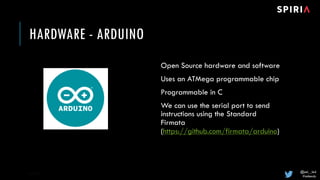 @joel__lord
#midwestjs
HARDWARE - ARDUINO
Open Source hardware and software
Uses an ATMega programmable chip
Programmable ...