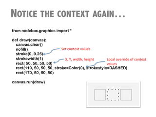 NOTICE THE CONTEXT AGAIN…
from nodebox.graphics import *

def draw(canvas):
  canvas.clear()
  nofill()                  Set	
  context	
  values	
  
  stroke(0, 0.25)
  strokewidth(1)              X,	
  Y,	
  width,	
  height	
   Local	
  override	
  of	
  context	
  
  rect( 50, 50, 50, 50)                                        values	
  
  rect(110, 50, 50, 50, stroke=Color(0), strokestyle=DASHED)
  rect(170, 50, 50, 50)

canvas.run(draw)
 