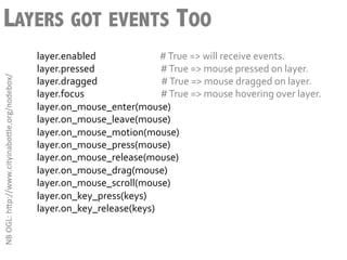 LAYERS GOT EVENTS TOO
                                                        layer.enabled	
  	
  	
  	
  	
  	
  	
  	
  	
  	
  	
  	
  	
  	
  	
  	
  	
  	
  	
  	
  	
  	
  	
  	
  	
  	
  	
  	
  	
  	
  #	
  True	
  =>	
  will	
  receive	
  events.	
  
                                                        layer.pressed	
  	
  	
  	
  	
  	
  	
  	
  	
  	
  	
  	
  	
  	
  	
  	
  	
  	
  	
  	
  	
  	
  	
  	
  	
  	
  	
  	
  	
  	
  	
  #	
  True	
  =>	
  mouse	
  pressed	
  on	
  layer.	
  
NB	
  OGL:	
  h3p://www.cityinabo3le.org/nodebox/	
  




                                                        layer.dragged	
  	
  	
  	
  	
  	
  	
  	
  	
  	
  	
  	
  	
  	
  	
  	
  	
  	
  	
  	
  	
  	
  	
  	
  	
  	
  	
  	
  	
  	
  #	
  True	
  =>	
  mouse	
  dragged	
  on	
  layer.	
  
                                                        layer.focus	
  	
  	
  	
  	
  	
  	
  	
  	
  	
  	
  	
  	
  	
  	
  	
  	
  	
  	
  	
  	
  	
  	
  	
  	
  	
  	
  	
  	
  	
  	
  	
  	
  	
  	
  	
  #	
  True	
  =>	
  mouse	
  hovering	
  over	
  layer.	
  
                                                        layer.on_mouse_enter(mouse)	
  
                                                        layer.on_mouse_leave(mouse)	
  
                                                        layer.on_mouse_motion(mouse)	
  
                                                        layer.on_mouse_press(mouse)	
  
                                                        layer.on_mouse_release(mouse)	
  
                                                        layer.on_mouse_drag(mouse)	
  
                                                        layer.on_mouse_scroll(mouse)	
  
                                                        layer.on_key_press(keys)	
  
                                                        layer.on_key_release(keys)	
  
 