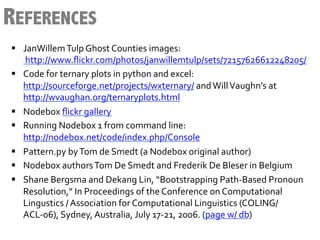 REFERENCES
§  JanWillem	
  Tulp	
  Ghost	
  Counties	
  images:
    	
  http://www.ﬂickr.com/photos/janwillemtulp/sets/72157626612248205/	
  
§  Code	
  for	
  ternary	
  plots	
  in	
  python	
  and	
  excel:	
  
    http://sourceforge.net/projects/wxternary/	
  and	
  Will	
  Vaughn’s	
  at	
  
    http://wvaughan.org/ternaryplots.html	
  
§  Nodebox	
  ﬂickr	
  gallery	
  
§  Running	
  Nodebox	
  1	
  from	
  command	
  line:	
  
    http://nodebox.net/code/index.php/Console	
  
§  Pattern.py	
  by	
  Tom	
  de	
  Smedt	
  (a	
  Nodebox	
  original	
  author)	
  
§  Nodebox	
  authors	
  Tom	
  De	
  Smedt	
  and	
  Frederik	
  De	
  Bleser	
  in	
  Belgium	
  
§  Shane	
  Bergsma	
  and	
  Dekang	
  Lin,	
  “Bootstrapping	
  Path-­‐Based	
  Pronoun	
  
    Resolution,”	
  In	
  Proceedings	
  of	
  the	
  Conference	
  on	
  Computational	
  
    Lingustics	
  /	
  Association	
  for	
  Computational	
  Linguistics	
  (COLING/
    ACL-­‐06),	
  Sydney,	
  Australia,	
  July	
  17-­‐21,	
  2006.	
  (page	
  w/	
  db)	
  
 