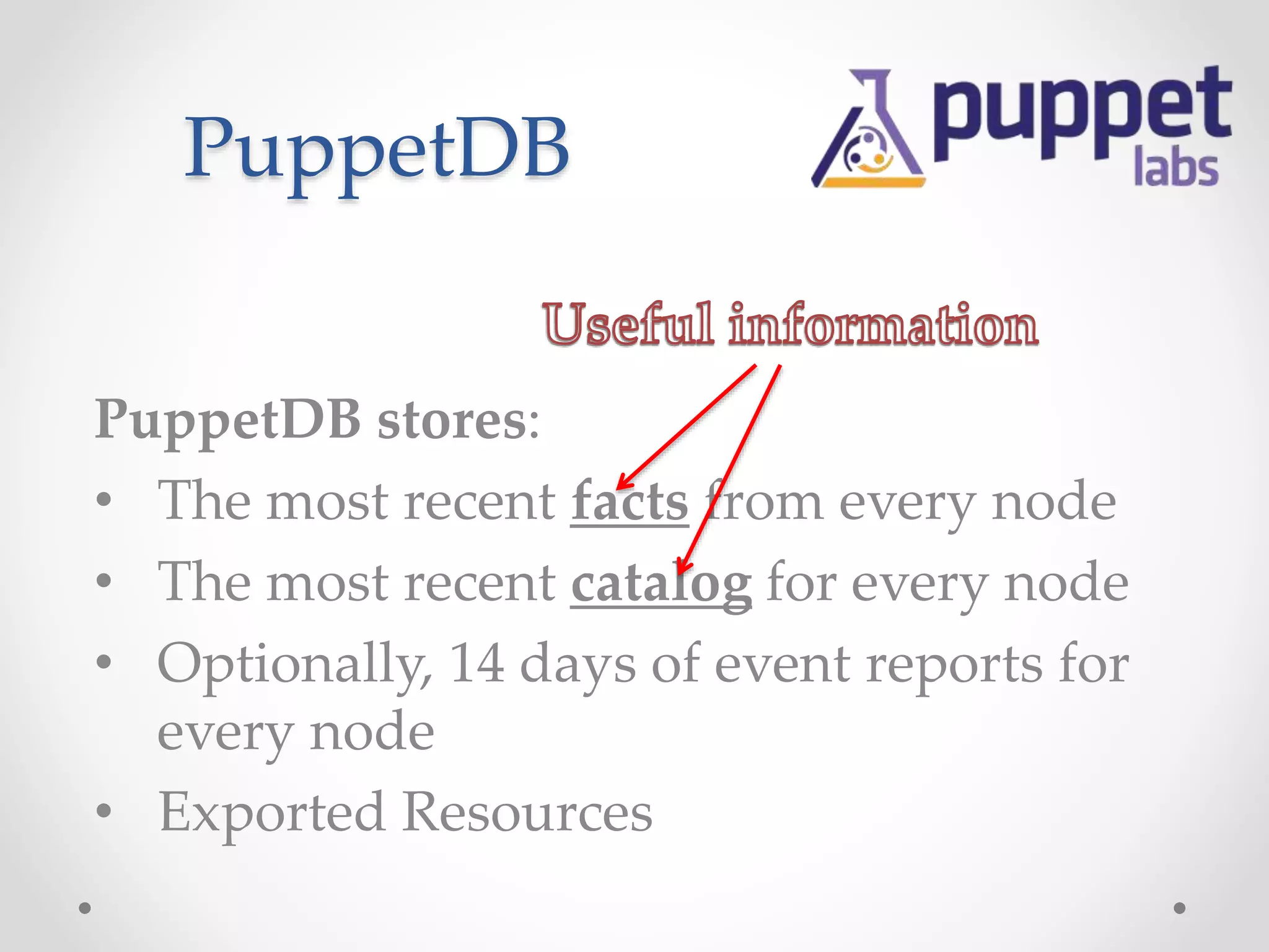 PuppetDB 
PuppetDB stores: 
• The most recent facts from every node 
• The most recent catalog for every node 
• Optionally, 14 days of event reports for 
every node 
• Exported Resources 
 
