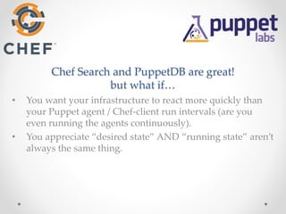 Chef Search and PuppetDB are great! 
but what if… 
• You want your infrastructure to react more quickly than 
your Puppet agent / Chef-client run intervals (are you 
even running the agents continuously). 
• You appreciate “desired state” AND “running state” aren’t 
always the same thing. 
 