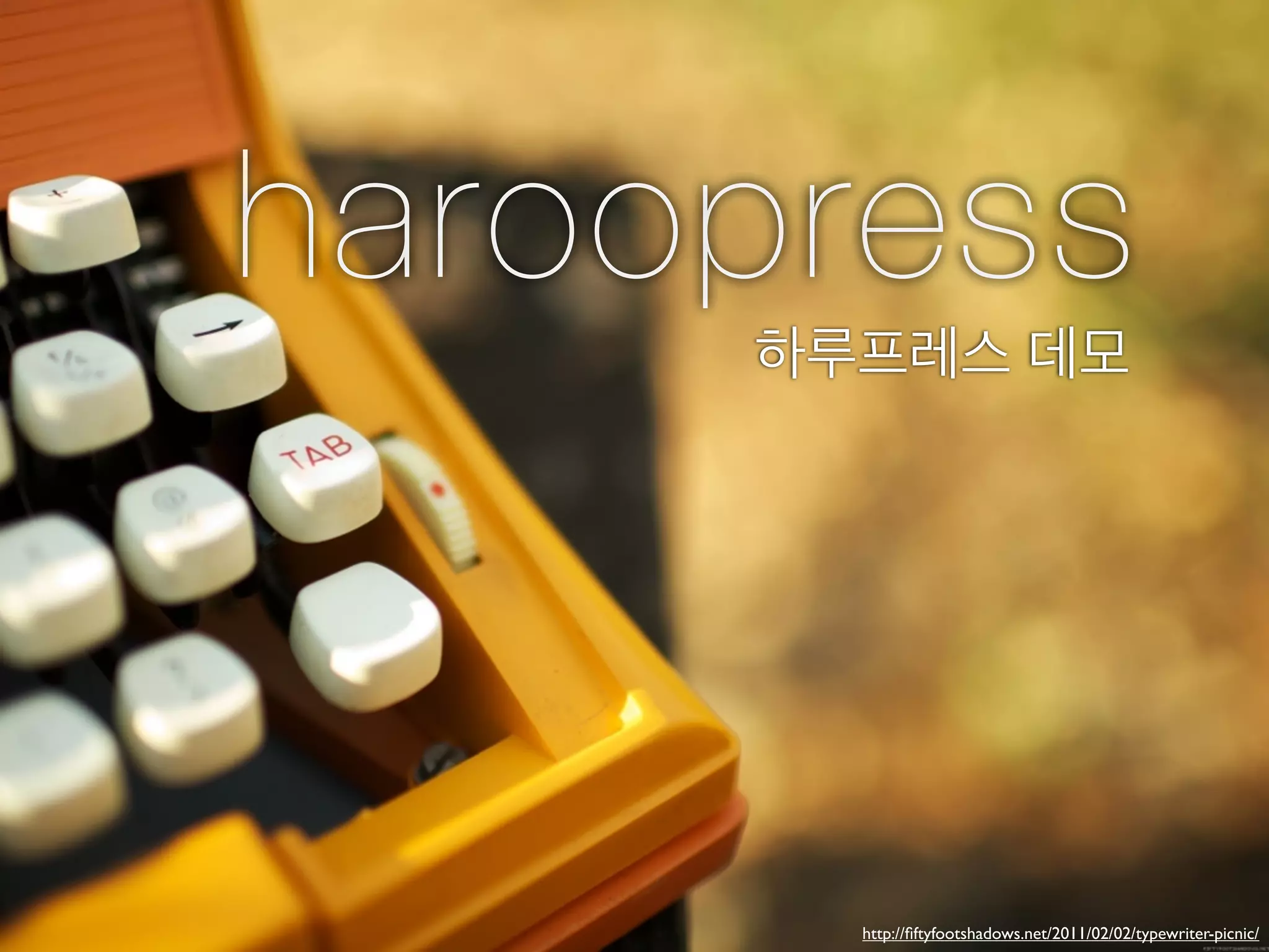 haroopress
     하루프레스 데모




       http://ﬁftyfootshadows.net/2011/02/02/typewriter-picnic/
 
