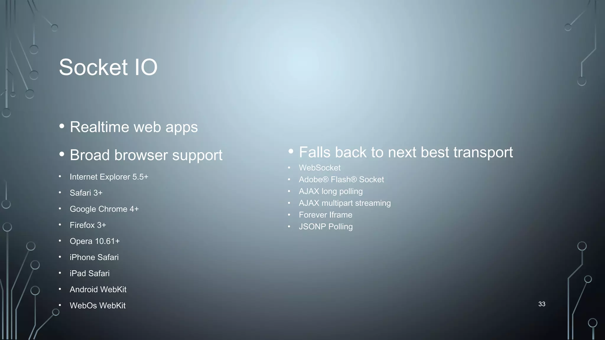 33
Socket IO
• Realtime web apps
• Broad browser support
• Internet Explorer 5.5+
• Safari 3+
• Google Chrome 4+
• Firefox 3+
• Opera 10.61+
• iPhone Safari
• iPad Safari
• Android WebKit
• WebOs WebKit 33
• Falls back to next best transport
• WebSocket
• Adobe® Flash® Socket
• AJAX long polling
• AJAX multipart streaming
• Forever Iframe
• JSONP Polling
 