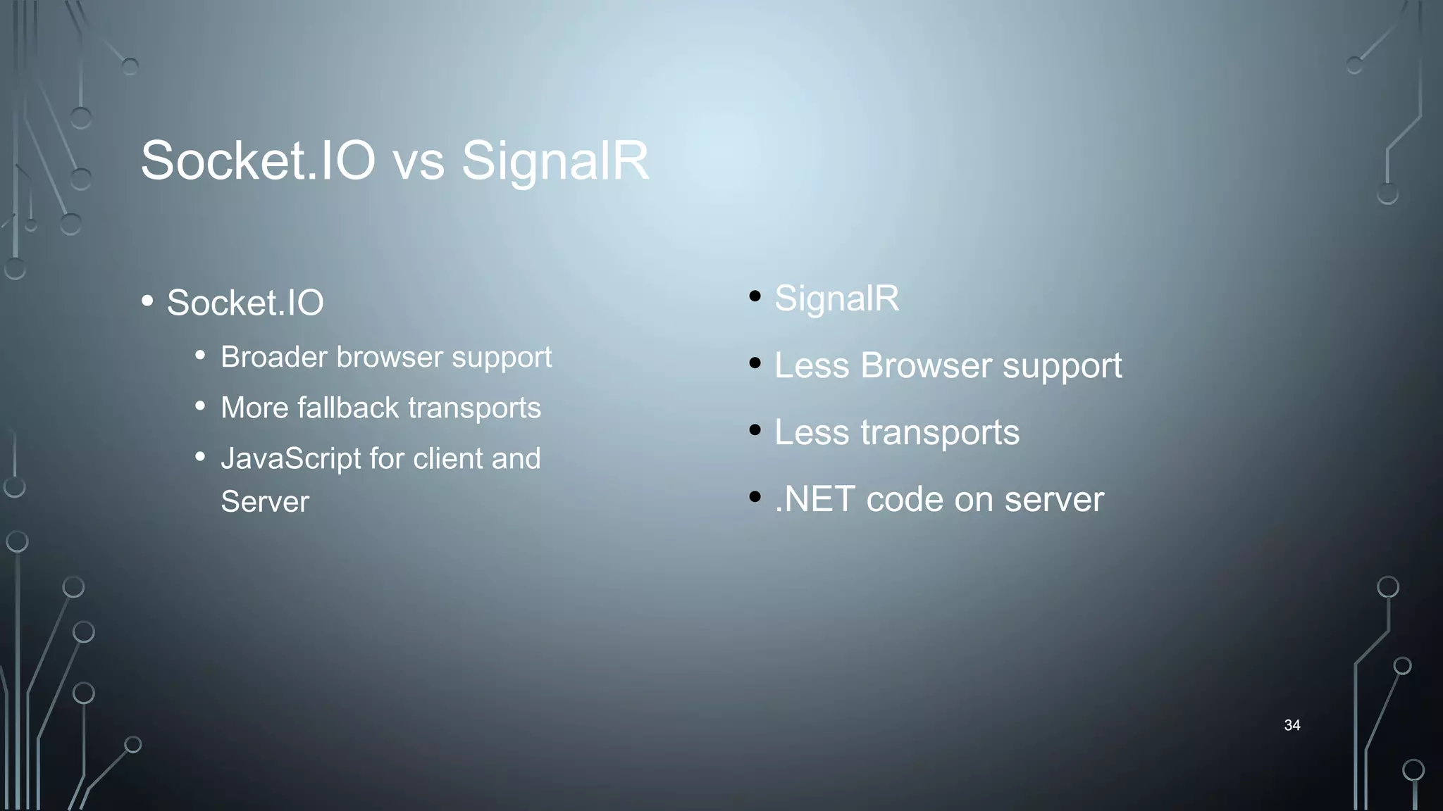 34
Socket.IO vs SignalR
• Socket.IO
• Broader browser support
• More fallback transports
• JavaScript for client and
Server
34
• SignalR
• Less Browser support
• Less transports
• .NET code on server
 