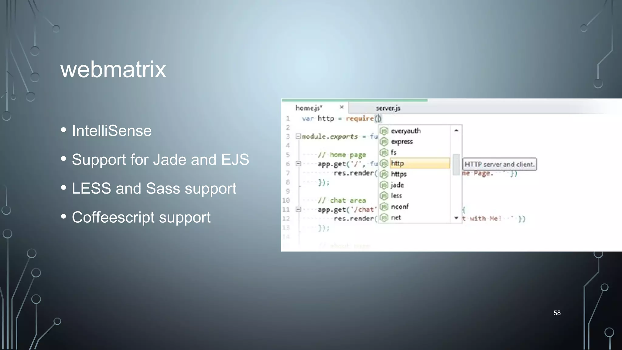 58
webmatrix
• IntelliSense
• Support for Jade and EJS
• LESS and Sass support
• Coffeescript support
58
 