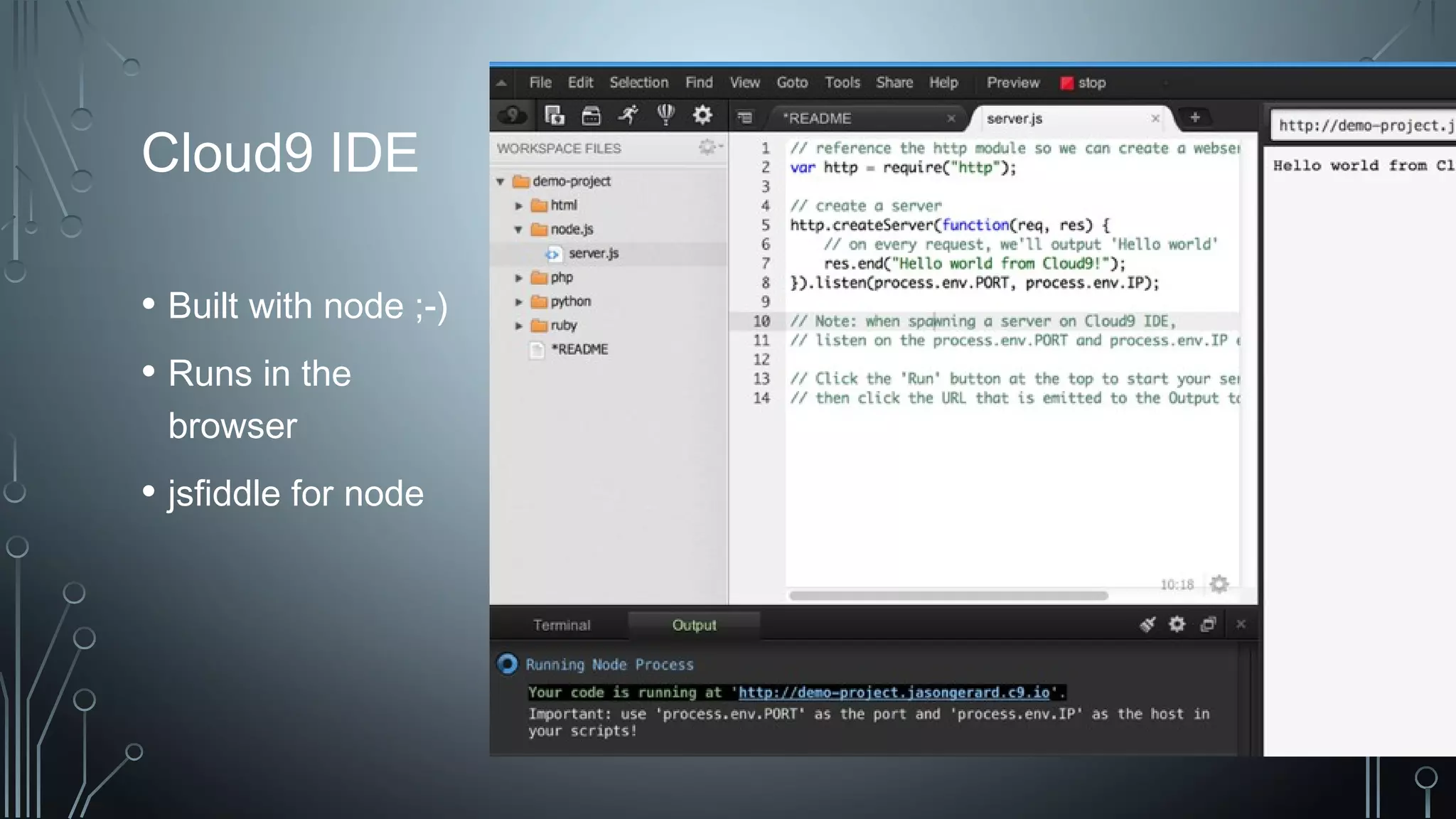 60
Cloud9 IDE
• Built with node ;-)
• Runs in the
browser
• jsfiddle for node
60
 
