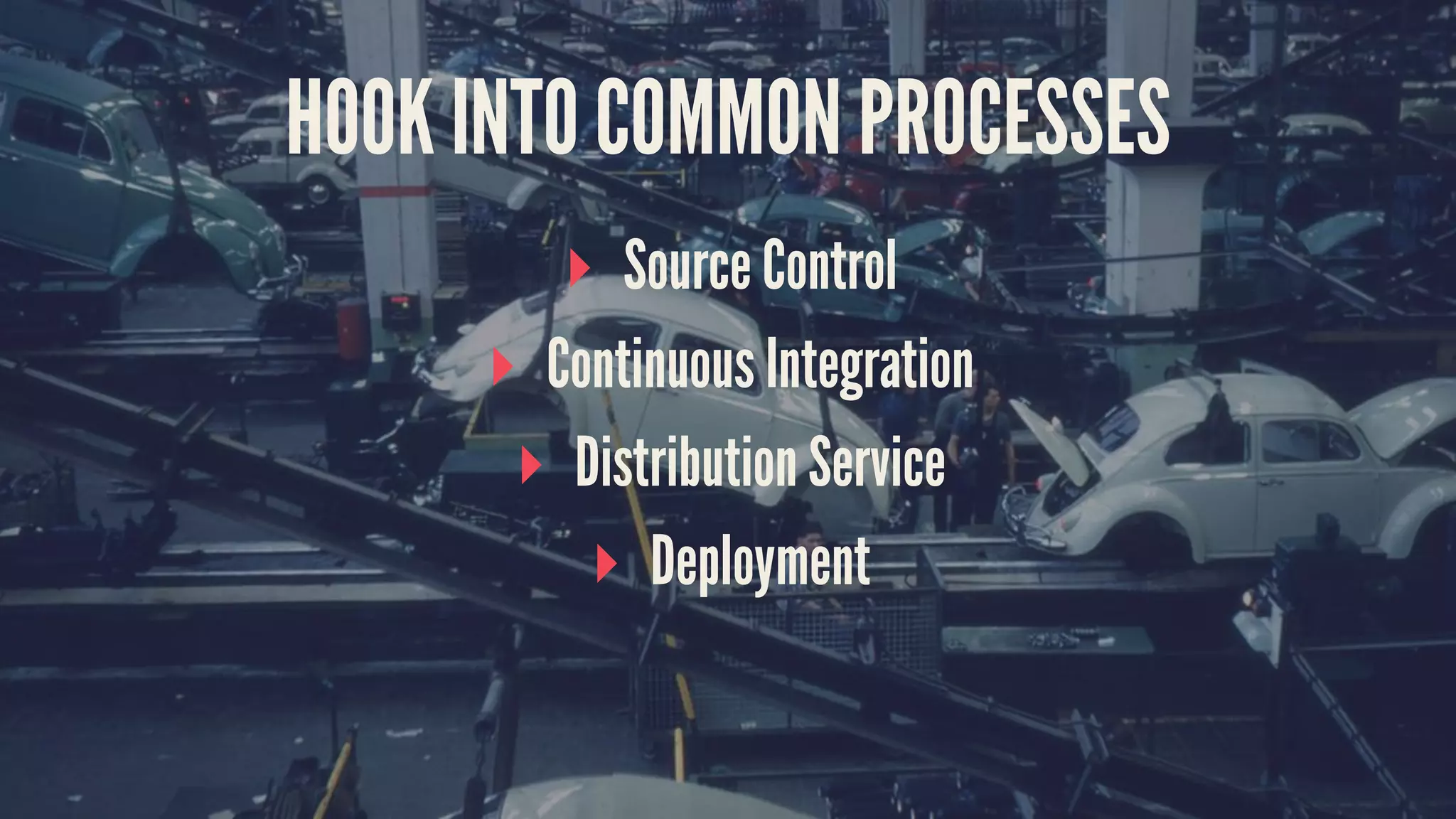 HOOK INTO COMMON PROCESSES
▸ Source Control
▸ Continuous Integration
▸ Distribution Service
▸ Deployment
 
