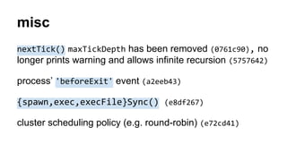 nextTick() maxTickDepth has been removed (0761c90), no
longer prints warning and allows infinite recursion (5757642)
process’ 'beforeExit' event (a2eeb43)
{spawn,exec,execFile}Sync() (e8df267)
cluster scheduling policy (e.g. round-robin) (e72cd41)
misc
 
