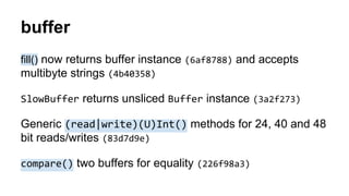 buffer
fill() now returns buffer instance (6af8788) and accepts
multibyte strings (4b40358)
SlowBuffer returns unsliced Buffer instance (3a2f273)
Generic (read|write)(U)Int() methods for 24, 40 and 48
bit reads/writes (83d7d9e)
compare() two buffers for equality (226f98a3)
 
