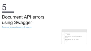 Summarizes and quotes 2 source
Document API errors
using Swagger
5
1
2
3
4
responses:
"405":
description: Validation exception
"404":
description: Pet not found
"400":
 