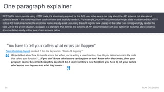 One paragraph explainer
YONI GOLDBERG31 |
REST APIs return results using HTTP code, it’s absolutely required for the API user to be aware not only about the API schema but also about
potential errors – the caller may then catch an error and tactfully handle it. For example, your API documentation might state in advanced that HTTP
status 409 is returned when the customer name already exist (assuming the API register new users) so the caller can correspondingly render the
best UX for the given situation. Swagger is a standard that defines the schema of API documentation with eco-system of tools that allow creating
documentation easily online, see prtscn screens below
From the blog Joyent, ranked 1 for the keywords “Node.JS logging”
We’ve talked about how to handle errors, but when you’re writing a new function, how do you deliver errors to the code
that called your function? …If you don’t know what errors can happen or don’t know what they mean, then your
program cannot be correct except by accident. So if you’re writing a new function, you have to tell your callers
what errors can happen and what they mean…
“You have to tell your callers what errors can happen”
 