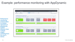 Example: performance monitoring with AppDynamic
YONI GOLDBERG55 |
Performance
monitoring
product takes
an holistic
approach of
gauging the
system
behavior from
multiple
angles
including from
the user’s
device
 