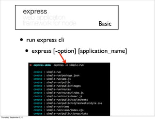 • run express cli
• express [-option] [application_name]
Basic
Thursday, September 5, 13
 