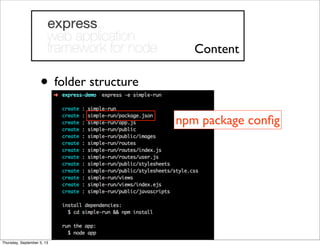 • folder structure
Content
npm package conﬁg
Thursday, September 5, 13
 