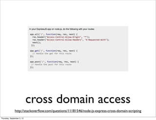cross domain access
http://stackoverﬂow.com/questions/11181546/node-js-express-cross-domain-scripting
Thursday, September 5, 13
 