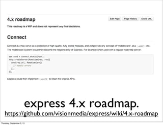 express 4.x roadmap.
https://github.com/visionmedia/express/wiki/4.x-roadmap
Thursday, September 5, 13
 