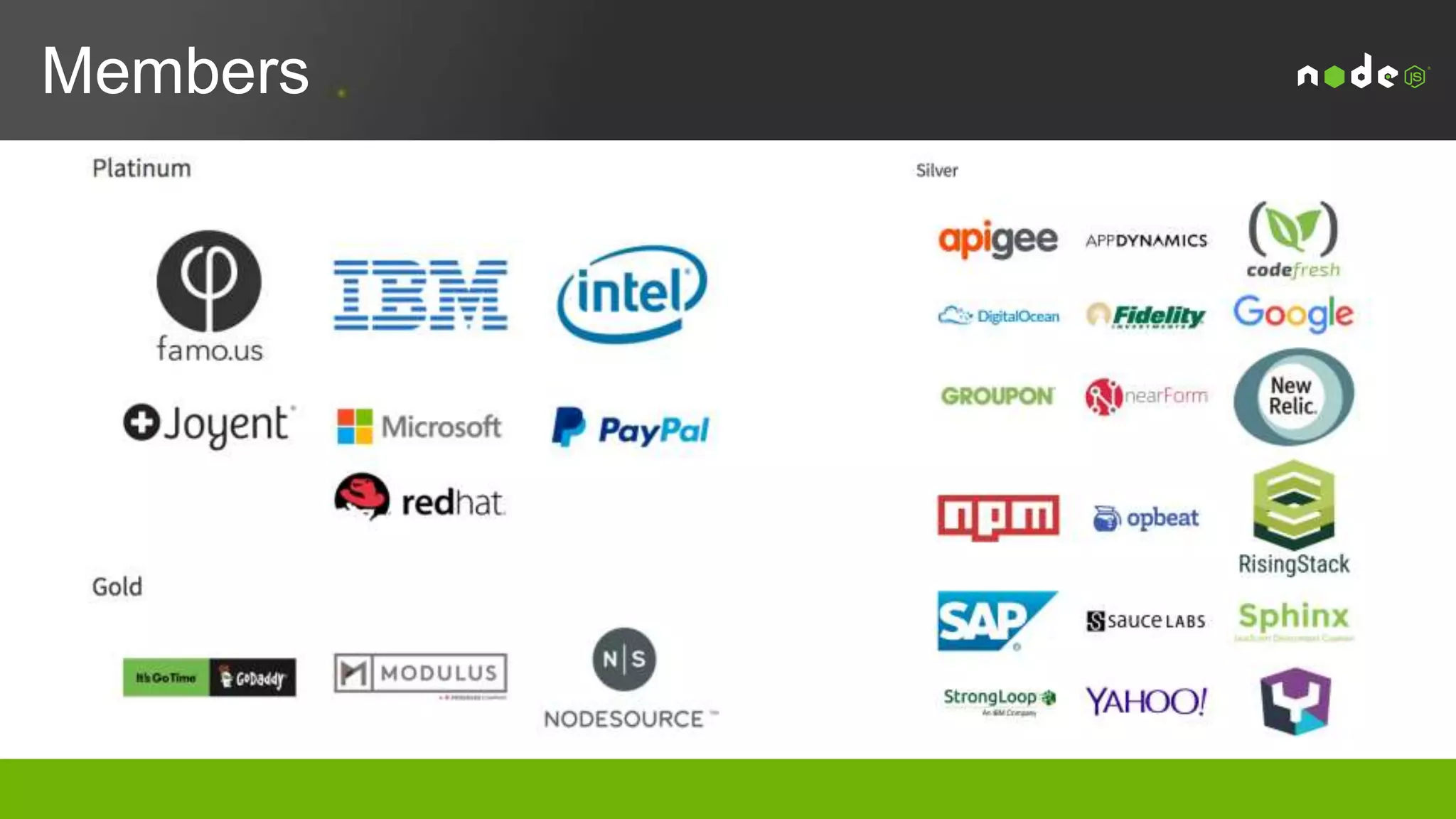 Why companies join?
Companies join as members because they see
Node.js as critically important to the industry and
find that they have a business interest in the
continued growth and success of the project.
 