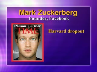 MMaarrkk ZZuucckkeerrbbeerrgg 
FFoouunnddeerr,, FFaacceebbooookk 
HHaarrvvaarrdd ddrrooppoouutt 
 