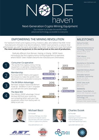 Next-Generation Crypto Mining Equipment
Our mission is to make the world's most
advanced technology accessible to everyone.
www.nodehaven.com
EMPOWERING THE MINING REVOLUTION
For hardcore miners and cryptocurrency investors alike, who believe that ASIC miner
manufacturers threaten true decentralization, NODE haven presents a solution that
will empower you with the same advantages that miner manufacturers have themselves:
The most advanced equipment in the world priced at the cost of production.
where NODE Token holders become the manufacturers themselves.
Michael Bazzi
r
University of Michigan, Ann Arbor
Economics & Computer Science
Cloud Architect, Microsoft Corporation
3 Years in Cryptocurrency Markets
mbazzi@nodehaven.com
Charles Dusek
r
Engineering & Entrepreneurship
Financial Modeling Expert
Large Scale Engineering Projects
cgdusek@nodehaven.com
MILESTONES
Startup Founded
January 1st, 2018
Advanced Semiconductor
Technology, Partnership
January 22nd, 2018
www.ast.co.il
TSMC Alliance
January 22nd, 2018
www.tsmc.com
p
February 1st, 2018
www.bountyhive.io
February 15, 2018
Etheralabs Venture
Accelerator, Partnership
March 1st, 2018
www.etheralabs.io
NODE Token Audit
April 12th, 2018
80trill.com
Noteworthy
Advisor: Pranav Mathur a
Senior ASIC Engineer, Google
Advanced Semiconductor
Technology, LTD
n
30 years, ASIC System Design
Consumer Co-operative
u
Membership
Purchase NODE Tokens and support
the mission to make the world’s most
advanced miners accessible to everyone.
The $4 Billion Advantage
yourself with the same advantages.
The Best ROI
Your Miners, NODE advantage. Extract
the best ROI from your miners by
1
2
3
 