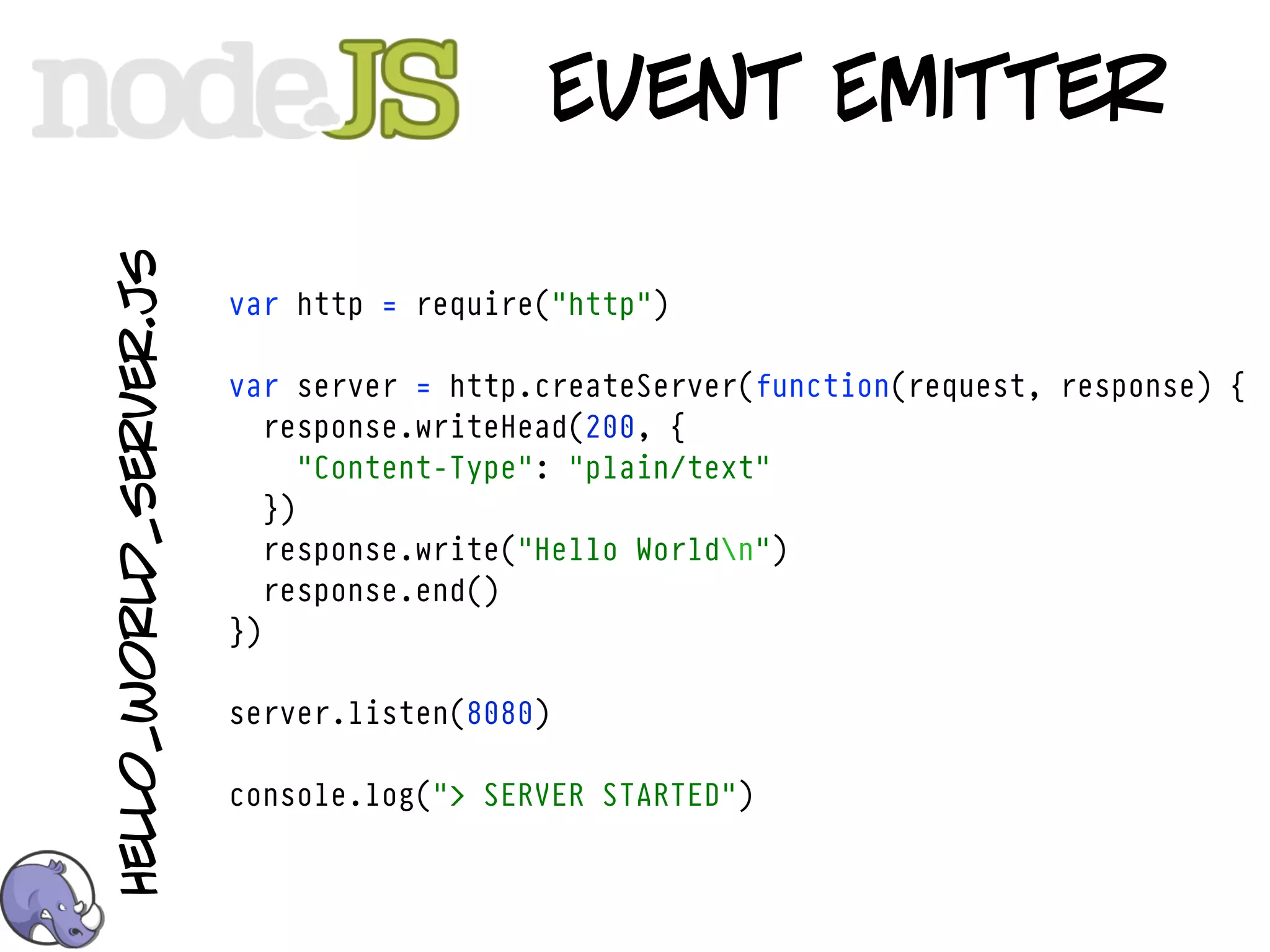hello_world_server.js
                                          Event Emitter

                        var http = require("http")

                        var server = http.createServer(function(request, response) {
                           response.writeHead(200, {
                              "Content-Type": "plain/text"
                           })
                           response.write("Hello Worldn")
                           response.end()
                        })

                        server.listen(8080)

                        console.log("> SERVER STARTED")
 