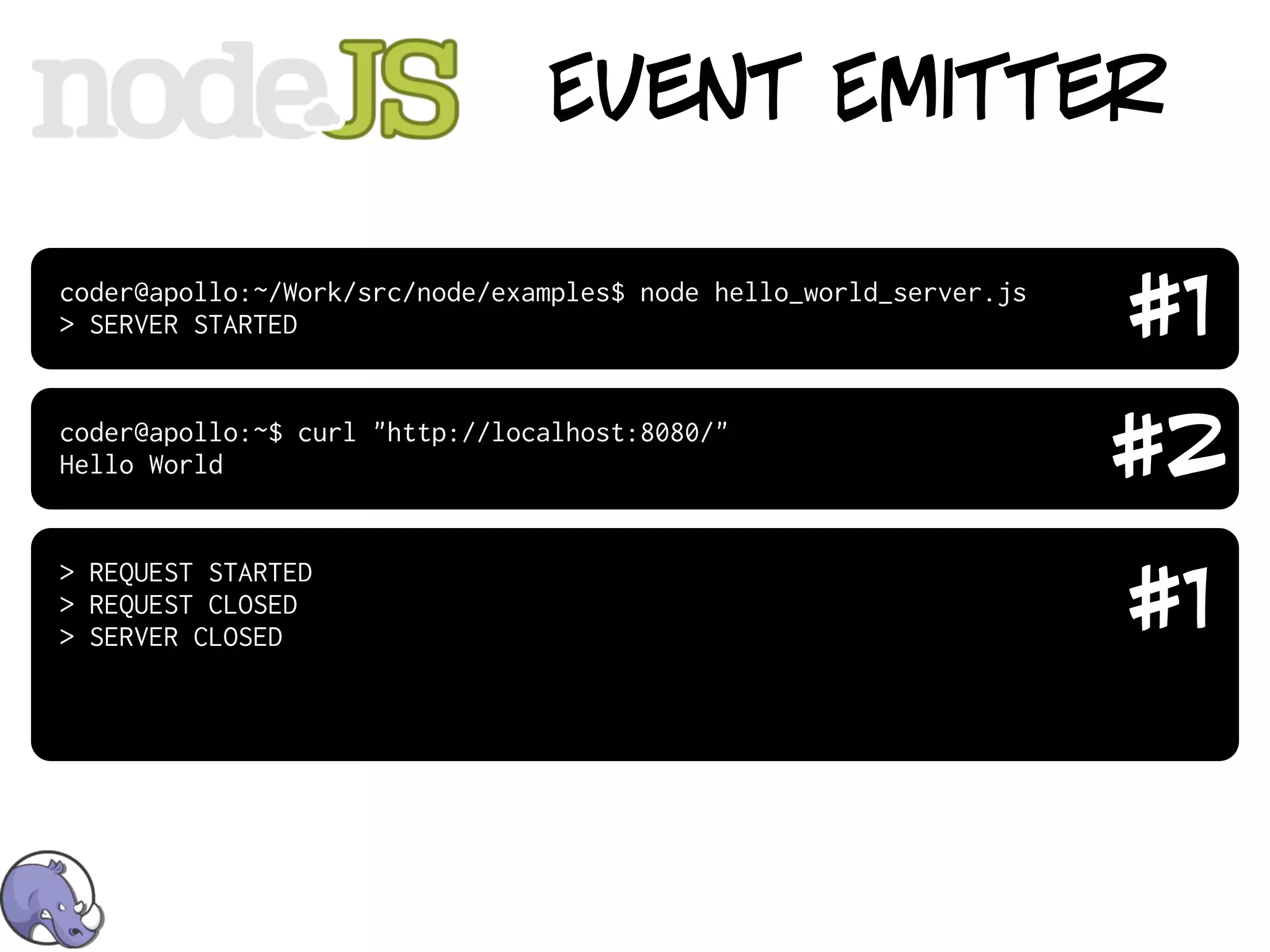 Event Emitter

coder@apollo:~/Work/src/node/examples$ node hello_world_server.js
> SERVER STARTED                                                    #1
coder@apollo:~$ curl "http://localhost:8080/"
Hello World                                                         #2
                                                                    #1
> REQUEST STARTED
> REQUEST CLOSED
> SERVER CLOSED
 