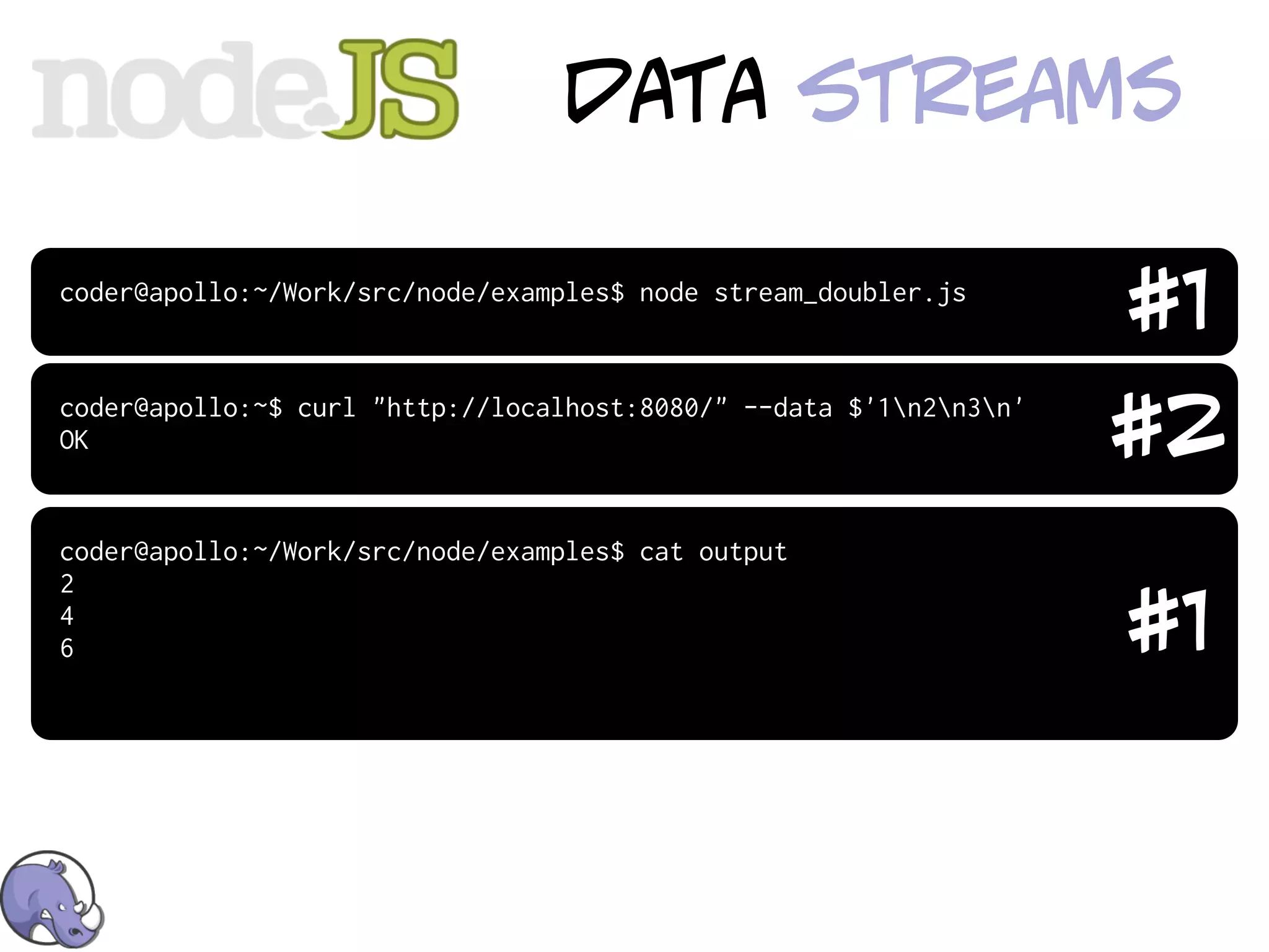 data streamS

coder@apollo:~/Work/src/node/examples$ node stream_doubler.js
                                                                    #1
coder@apollo:~$ curl "http://localhost:8080/" --data $'1n2n3n'
OK                                                                  #2
coder@apollo:~/Work/src/node/examples$ cat output
2
4
6                                                                   #1
 