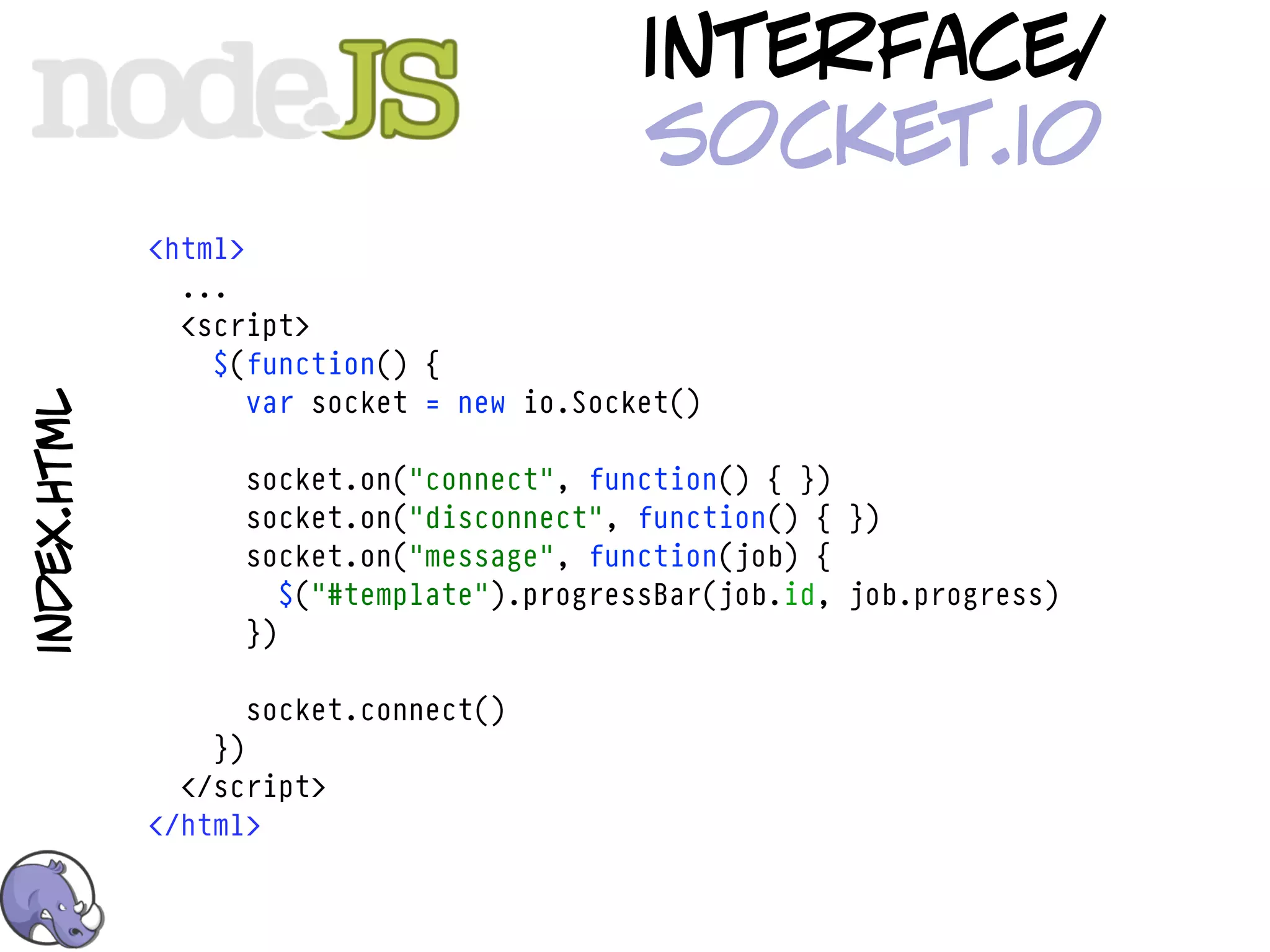 interface/
                                            socket.io
             <html>
               ...
               <script>
                 $(function() {
                    var socket = new io.Socket()
index.html




                   socket.on("connect", function() { })
                   socket.on("disconnect", function() { })
                   socket.on("message", function(job) {
                      $("#template").progressBar(job.id, job.progress)
                   })

                   socket.connect()
                 })
               </script>
             </html>
 