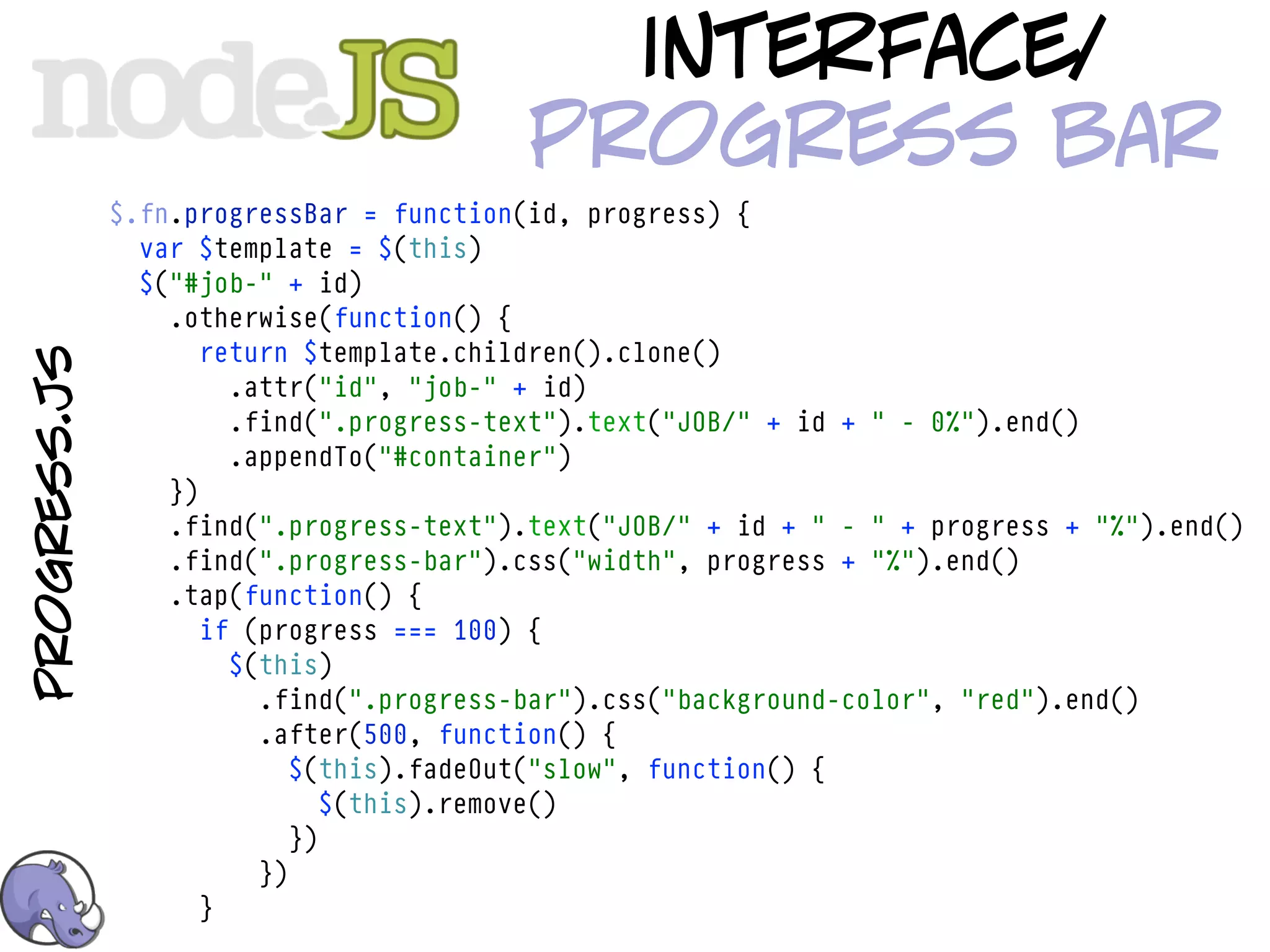 interface/
                                          progress bar
              $.fn.progressBar = function(id, progress) {
                var $template = $(this)
                $("#job-" + id)
                  .otherwise(function() {
                     return $template.children().clone()
progress.js




                       .attr("id", "job-" + id)
                       .find(".progress-text").text("JOB/" + id + " - 0%").end()
                       .appendTo("#container")
                  })
                  .find(".progress-text").text("JOB/" + id + " - " + progress + "%").end()
                  .find(".progress-bar").css("width", progress + "%").end()
                  .tap(function() {
                     if (progress === 100) {
                       $(this)
                         .find(".progress-bar").css("background-color", "red").end()
                         .after(500, function() {
                            $(this).fadeOut("slow", function() {
                               $(this).remove()
                            })
                         })
                     }
 