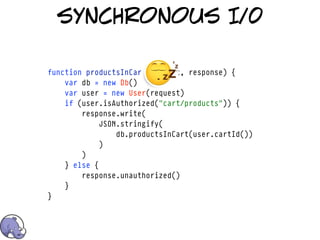 synchronous I/0

function productsInCart(request, response) {
    var db = new Db()
    var user = new User(request)
    if (user.isAuthorized("cart/products")) {
        response.write(
             JSON.stringify(
                 db.productsInCart(user.cartId())
             )
        )
    } else {
        response.unauthorized()
    }
}
 