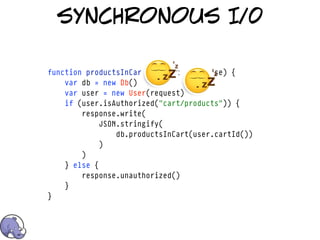 synchronous I/0

function productsInCart(request, response) {
    var db = new Db()
    var user = new User(request)
    if (user.isAuthorized("cart/products")) {
        response.write(
             JSON.stringify(
                 db.productsInCart(user.cartId())
             )
        )
    } else {
        response.unauthorized()
    }
}
 