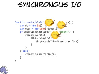 synchronous I/0

function productsInCart(request, response) {
    var db = new Db()
    var user = new User(request)
    if (user.isAuthorized("cart/products")) {
        response.write(
             JSON.stringify(
                 db.productsInCart(user.cartId())
             )
        )
    } else {
        response.unauthorized()
    }
}
 