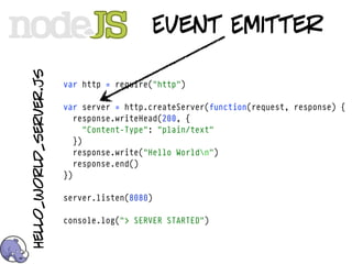 hello_world_server.js
                                          Event Emitter

                        var http = require("http")

                        var server = http.createServer(function(request, response) {
                           response.writeHead(200, {
                              "Content-Type": "plain/text"
                           })
                           response.write("Hello Worldn")
                           response.end()
                        })

                        server.listen(8080)

                        console.log("> SERVER STARTED")
 