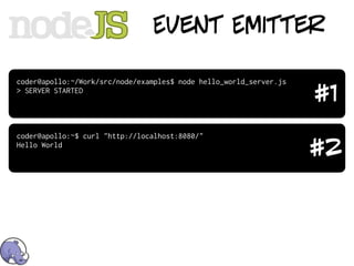 Event Emitter

coder@apollo:~/Work/src/node/examples$ node hello_world_server.js
> SERVER STARTED
                                                                    #1
coder@apollo:~$ curl "http://localhost:8080/"
Hello World
                                                                    #2
 