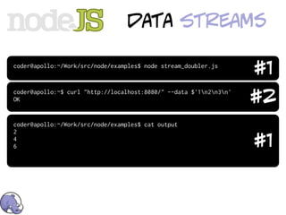 data streamS

coder@apollo:~/Work/src/node/examples$ node stream_doubler.js
                                                                    #1
coder@apollo:~$ curl "http://localhost:8080/" --data $'1n2n3n'
OK                                                                  #2
coder@apollo:~/Work/src/node/examples$ cat output
2
4
6                                                                   #1
 