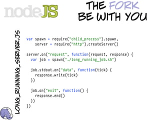 the fork
long_running_server.js                              be with you
                         var spawn = require("child_process").spawn,
                             server = require("http").createServer()

                         server.on("request", function(request, response) {
                           var job = spawn("./long_running_job.sh")

                              job.stdout.on("data", function(tick) {
                                 response.write(tick)
                              })

                              job.on("exit", function() {
                                 response.end()
                              })
                         })
 