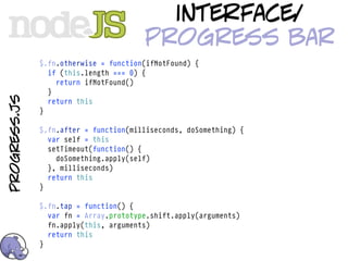 interface/
                                       progress bar
              $.fn.otherwise = function(ifNotFound) {
                if (this.length === 0) {
                  return ifNotFound()
                }
progress.js




                return this
              }

              $.fn.after = function(milliseconds, doSomething) {
                var self = this
                setTimeout(function() {
                  doSomething.apply(self)
                }, milliseconds)
                return this
              }

              $.fn.tap = function() {
                var fn = Array.prototype.shift.apply(arguments)
                fn.apply(this, arguments)
                return this
              }
 