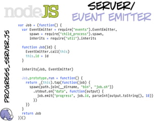 server/
                                                   event emitter
                     var Job = (function() {
                       var EventEmitter = require("events").EventEmitter,
progress_server.js



                           spawn = require("child_process").spawn,
                           inherits = require("util").inherits

                       function Job(id) {
                         EventEmitter.call(this)
                         this.id = id
                       }

                       inherits(Job, EventEmitter)

                       Job.prototype.run = function() {
                          return _(this).tap(function(job) {
                             spawn(path.join(__dirname, "bin", "job.sh"))
                               .stdout.on("data", function(output) {
                                  job.emit("progress", job.id, parseInt(output.toString(), 10))
                               })
                          })
                       }
                       return Job
                     })()
 