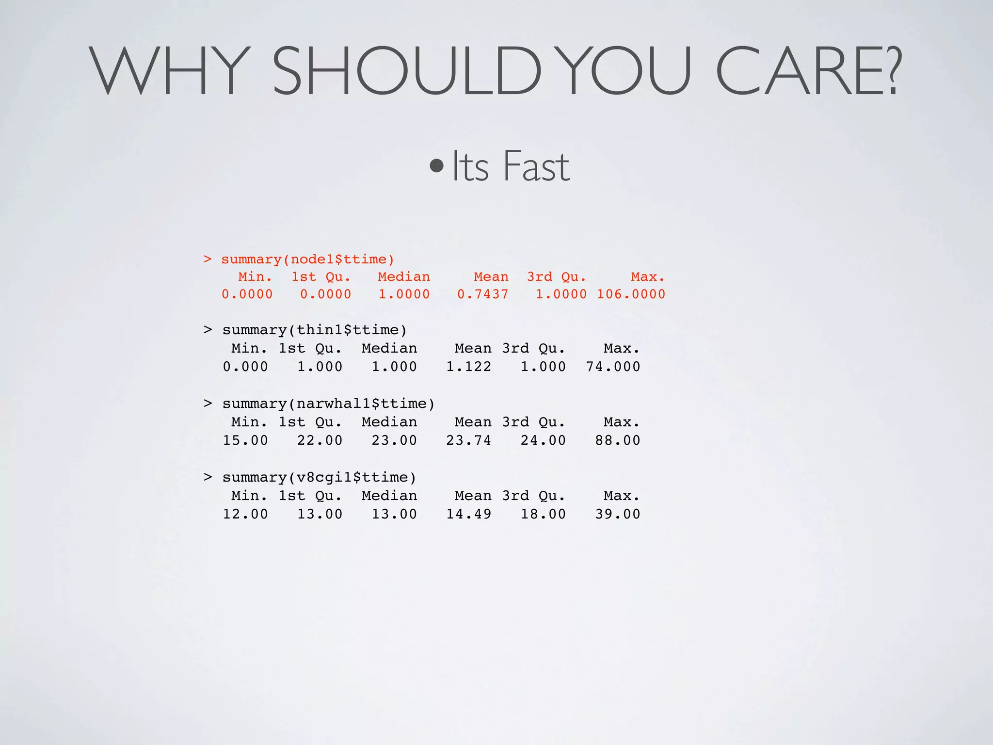 WHY SHOULD YOU CARE?
                            •Its Fast
  > summary(node1$ttime)
      Min. 1st Qu.    Median      Mean   3rd Qu.     Max.
    0.0000   0.0000   1.0000    0.7437    1.0000 106.0000

  > summary(thin1$ttime)
     Min. 1st Qu. Median        Mean 3rd Qu.     Max.
    0.000   1.000   1.000      1.122   1.000   74.000

  > summary(narwhal1$ttime)
     Min. 1st Qu. Median     Mean 3rd Qu.        Max.
    15.00   22.00   23.00   23.74   24.00       88.00

  > summary(v8cgi1$ttime)
     Min. 1st Qu. Median        Mean 3rd Qu.     Max.
    12.00   13.00   13.00      14.49   18.00    39.00
 