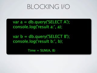 BLOCKING I/O

var a = db.query('SELECT A');
console.log('result a:', a);

var b = db.query('SELECT B');
console.log('result b:', b);

       Time = SUM(A, B)
 