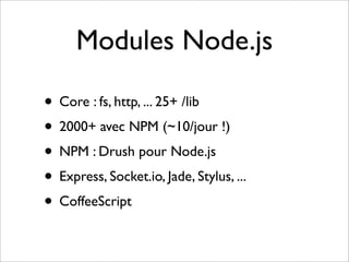 Modules Node.js

• Core : fs, http, ... 25+ /lib
• 2000+ avec NPM (~10/jour !)
• NPM : Drush pour Node.js
• Express, Socket.io, Jade, Stylus, ...
• CoffeeScript
 