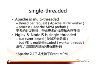 single-threaded
• Apache is multi-threaded
– thread per request（Apache MPM worker）
– process（Apache MPM prefork）
更多的并发连接，带来更多的线程和内存开销
• Nginx & NodeJS is single-threaded
– but event-based（使其不会阻塞）
– but V8 is multi-threaded（worker threads）
没有了创建额外线程/进程的开销
*Apache 2.4正式支持了Event MPM
 