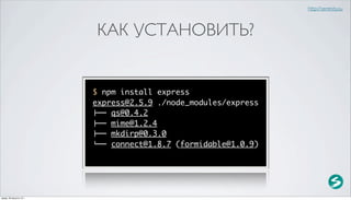 http://serenity.su



                          КАК УСТАНОВИТЬ?


                          $ npm install express
                          express@2.5.9 ./node_modules/express
                          !"" qs@0.4.2
                          !"" mime@1.2.4
                          !"" mkdirp@0.3.0
                          #"" connect@1.8.7 (formidable@1.0.9)




среда, 29 августа 12 г.
 