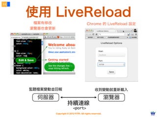 11



     使用 LiveReload
      檔案有修改                                  Chrome 的 LiveReload 設定
     瀏覽器也會更新




     監聽   案變動並回報                                     收到變動就重新載入

          伺服器                                                  瀏覽器
                           持續連線
                                <port>
                Copyright © 2012 FITPI. All rights reserved.
 