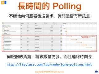 20


          長時間的 Polling
      不斷地向伺服器發送請求，詢問是否有新訊息




     伺服器的負擔：請求數量仍多、而且連線時間長
     http://f2eclass.com/lab/node/long-polling.html

                    Copyright © 2012 FITPI. All rights reserved.
 