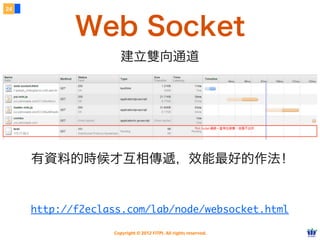 24



            Web Socket
                    建立雙向通道




     有資料的時候才互相傳遞，效能最好的作法！


     http://f2eclass.com/lab/node/websocket.html

                  Copyright © 2012 FITPI. All rights reserved.
 