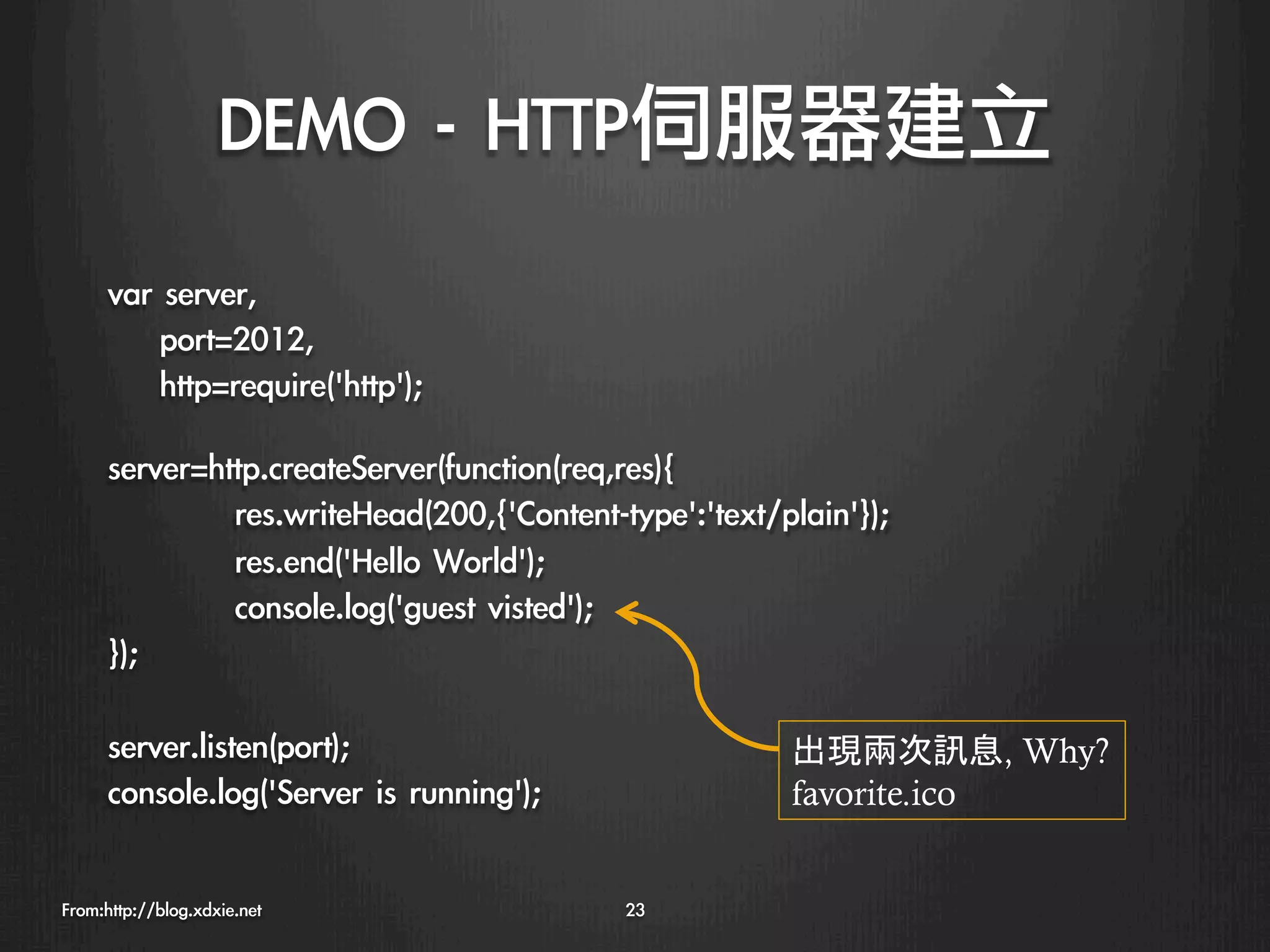 DEMO	 -	 HTTP伺服器建立
      var	 server,
      	 	 	 	 port=2012,
      	 	 	 	 http=require('http');

      server=http.createServer(function(req,res){
              
res.writeHead(200,{'Content-type':'text/plain'});
              
res.end('Hello	 World');
              
console.log('guest	 visted');
      });
      
      server.listen(port);                              出現兩次訊息, Why?
      console.log('Server	 is	 running');
                 favorite.ico


From:http://blog.xdxie.net
                   23
 