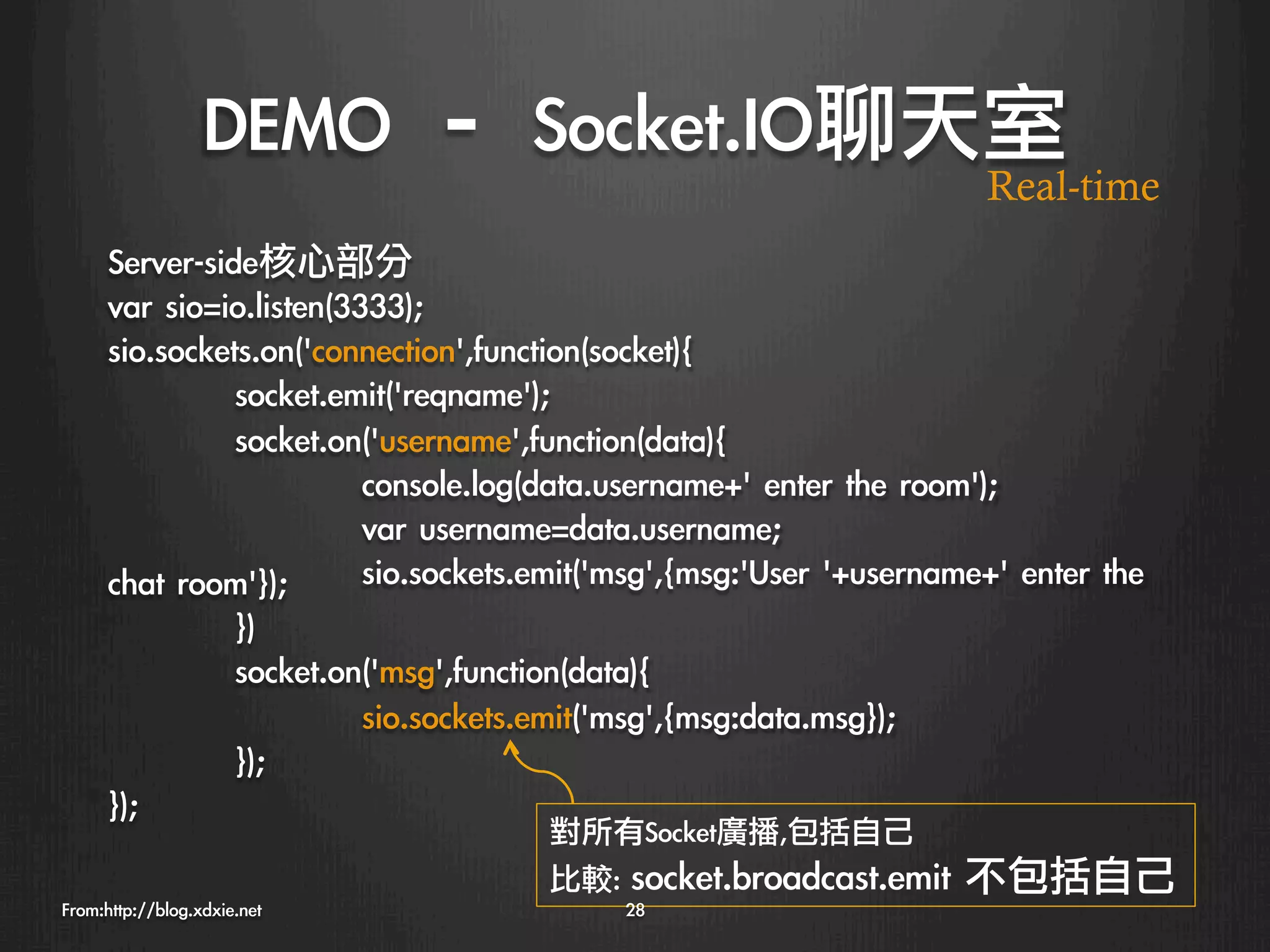 DEMO	 –	 Socket.IO聊天室
                                                                       Real-time
      Server-side核心部分
      var	 sio=io.listen(3333);
      sio.sockets.on('connection',function(socket){
               
socket.emit('reqname');
               
socket.on('username',function(data){
               
          
console.log(data.username+'	 enter	 the	 room');
               
          
var	 username=data.username;
      chat	 room'});
 
sio.sockets.emit('msg',{msg:'User	 '+username+'	 enter	 the	 
               
               
})
               
socket.on('msg',function(data){
               
          
sio.sockets.emit('msg',{msg:data.msg});
               
});
      });
                                      對所有Socket廣播,包括自己
                                      比較:	 socket.broadcast.emit	 不包括自己
From:http://blog.xdxie.net
                 28
 